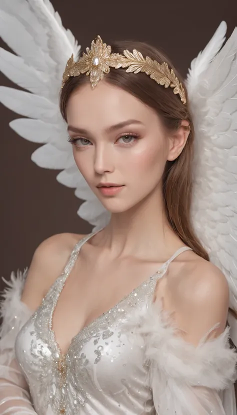 Generate an image of an angel with pure white wings. Give this image a shining aura and graceful movement of the wings. Next, add a sexy angel dress designed to emphasise the curves of the body, with feather accents to give it a special touch. Further, com...