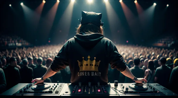 in the foreground a DJ with his back on the stage with a cats head and a kings crown, wearing a black sweatshirt with a cap, jeans, one hand mixing the music, in the background mixing table and the other upwards animating the concert, DJ FROM BACK, backsta...