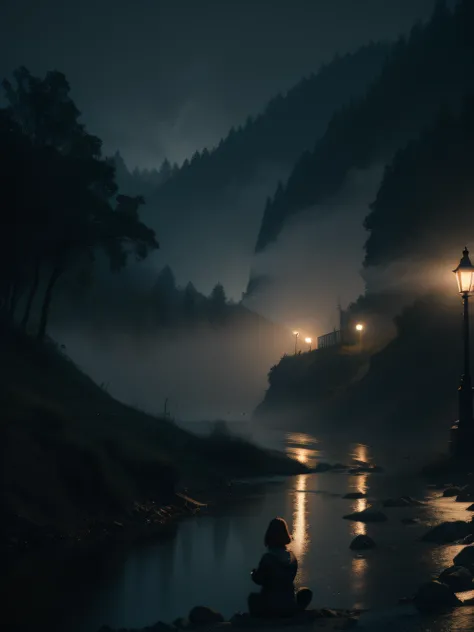 A girl sit near a river, fog on the river, lamp light, dark theme, 8k, ultrarealistic