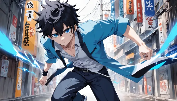 Em estilo de anime. Um menino alto de cabelo branco e com um olho azul e outro verde, com uma espada em suas costas, usa uma mascara preta em seu rosto, His outfit consists of a blue shirt and a white second skin shirt, His pants are white is in an alley i...