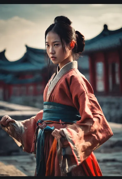 A girl in Hanfu fights on the edge of the city wall during the Warring States period in high definition