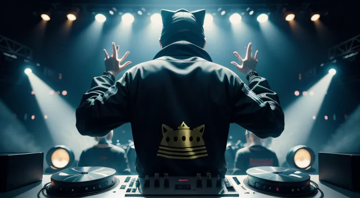 in the foreground a DJ with his back on the stage with a cats head and a kings crown, wearing a black sweatshirt with a cap, jeans, one hand mixing the music, in the background mixing table and the other upwards animating the concert, DJ FROM BACK, backsta...