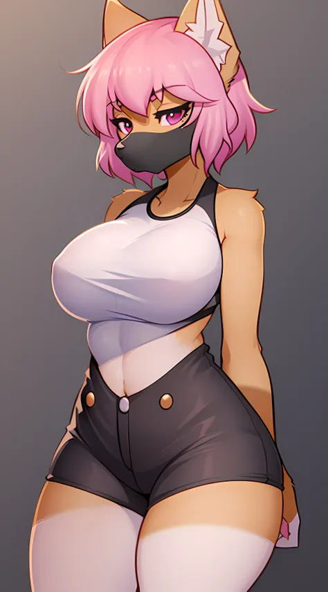 ((masterpiece, best quality)), (anthro furry:1.3, muzzle:1.2, anthro:1.3, furry:1.2, closeup:1.2, female solo:1.2, white skin pink details, pink hair, large breast, thick tight, croptop, short shorts