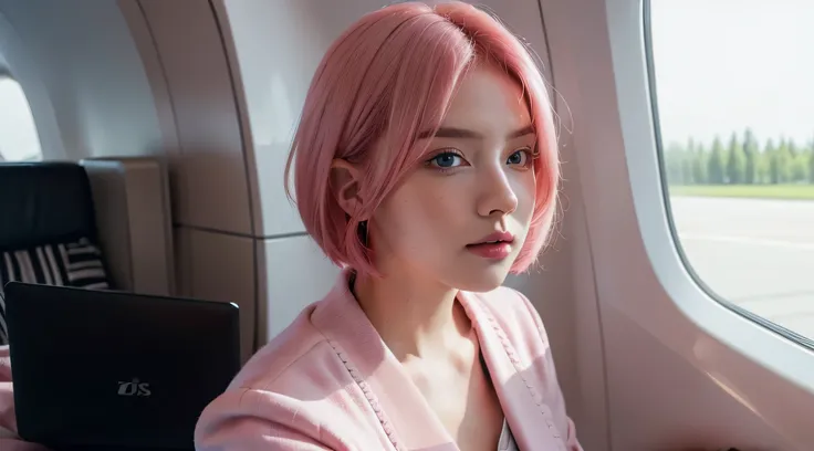 zoomed out photo of a woman sitting on a luxury plane in front of a laptop scrolling the internet, cute girl , confident look, with short pink hair, jovana rikalo, full subject shown in photo, professional image , medium portrait, wide portrait, young busi...