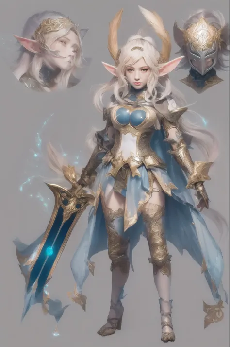 design a layout showcase gaming character, a elf knight. golden+purle clothes, stylish and unique, detailed magic bow, (masterpi...