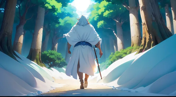 Gandalf o branco, coming out from behind the trees, com uma luz em sua volta, segurando um cajado de ferro, estilo anime, melhor qualidade