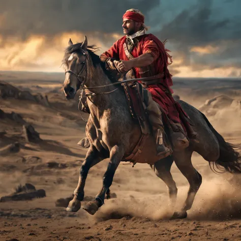 Best quality, Masterpiece, (photograph realistic:1.4), A Man who ride a horse in war the man wear arms and handle the bow