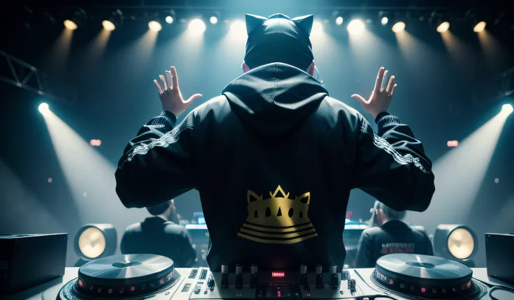 in the foreground a DJ with his back on the stage with a cats head and a kings crown, wearing a black sweatshirt with a cap, jeans, one hand mixing the music, in the background mixing table and the other upwards animating the concert, DJ FROM BACK, backsta...