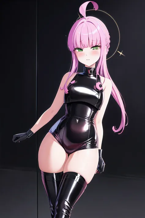 shiranui kaya, 1girl, solo, looking at viewer, naughty face, bangs, torture room background, green eyes, pink hair, ahoge, black arm gloves,black latex leotard,bare shoulders,black latex high heels,standing,thick tighs,wide hips,