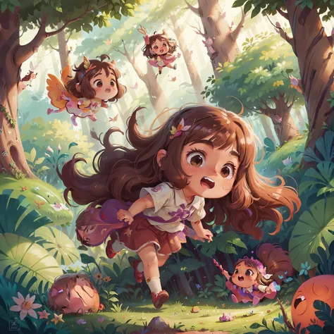 Mia is 9 years old and has flowing brown hair, Mia lands in Dreamland, surrounded by a colorful world of flying unicorns, dancing fairies, and joyful forest creatures.