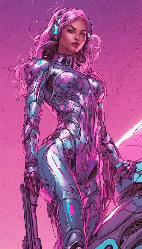 estilo de Milo Manara, Cabelos cor de rosa pink, Cabelos cor de rosa choque, pink and violet sky, estilo de Milo manara, cabelo rosa pink luminoso, armadura prateada detalhada, corpo inteiro, Technological and futuristic with blue and lilac details, Circui...