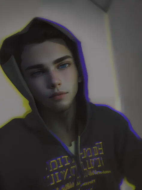 Closeup on young man wearing white sweatshirt in white room with red neon lighting