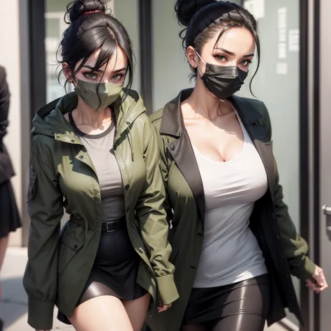 "Sexy woman with a sleek black hair bun, wearing a trendy olive green jacket and skirt over a white t-shirt, her mouth covered by a stylish grey mask, giving off a casual yet alluring vibe."