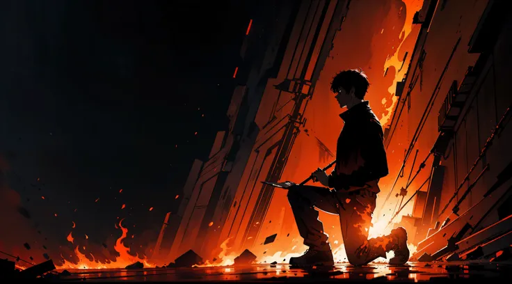 Dark, fire theme, red theme, fiery theme, orangish,((silhouette of a man kneeling down)), ((2d illustration:1.2)), Dark ambience, (1man:1.4), lonely, looking up