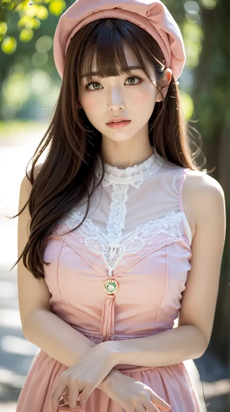 1womanl, up of face, mideum breasts, light brown hair, Blunt bangs, hair behind ear, hair over shoulder, Long hair, slender body shape, Ultra Fine Face, Thin face, Delicate lips, Beautiful eyes, thin blush, eyes are light brown, perfect glossy skin, flawle...