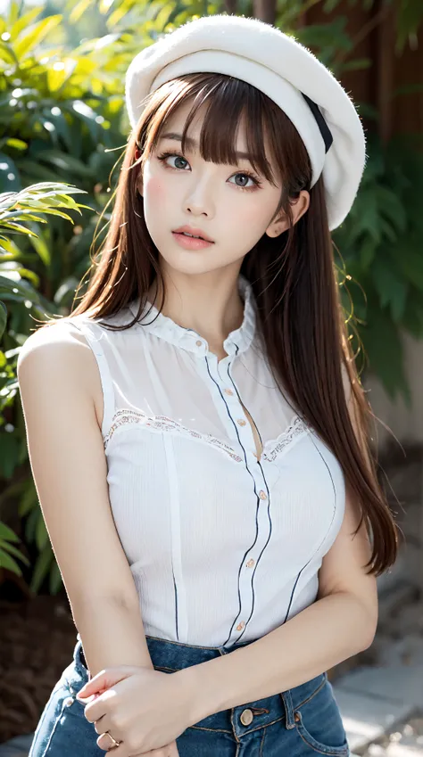 1womanl, up of face, mideum breasts, light brown hair, Blunt bangs, hair behind ear, hair over shoulder, Long hair, slender body shape, Ultra Fine Face, Thin face, Delicate lips, Beautiful eyes, thin blush, eyes are light brown, perfect glossy skin, flawle...