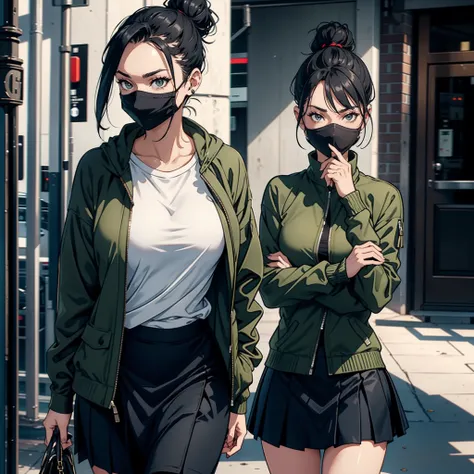 "Sexy woman with a sleek black hair bun, wearing a trendy olive green jacket and skirt over a white t-shirt, her mouth covered by a stylish grey mask, giving off a casual yet alluring vibe."