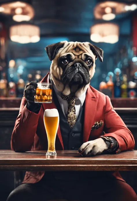 a pug dog in a suit holding a glass of beer, photomanipulation, sitting at the bar, dark comedy, they reach into his mind, advertisements, deep in thought, boss, suave, barechest, hyperdetailled, orantalist, mafia, 50