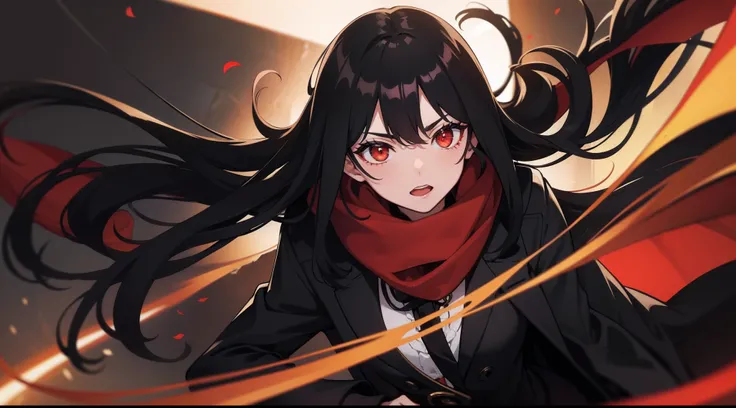 Black hair,long whitr hair,Red scarf,Black silk trench coat,Golden pupils,Cardigan,orthofacial