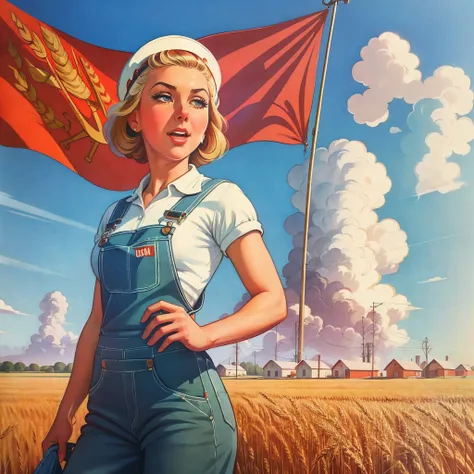 ussr, Soviet propaganda poster, a 1girl, in a working semi-overalls, Farmers, Retro, wheat, Red Flag, ((Arthur-Sarnoff style)), grotesque, (realistness), Detailed Illustration, ((Best Quality, tmasterpiece)), Extreme detailing, 8K