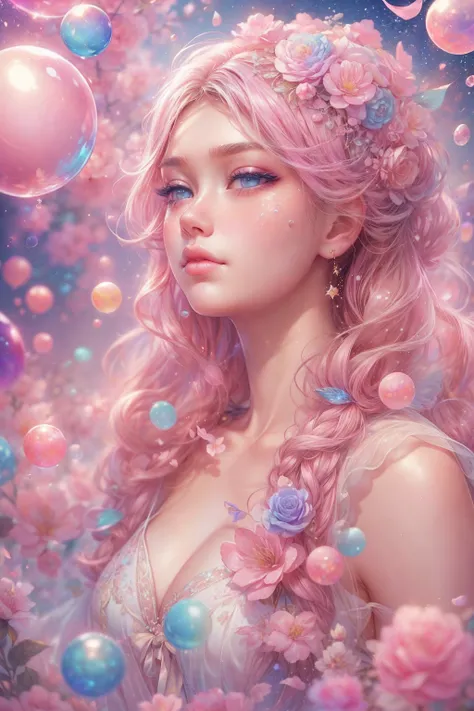 ((masterpiece)). This artwork is sweet, dreamy and ethereal, with soft pink watercolor hues and many ornate cotton candy accents. Generate a delicate and demure English fae exploring a (bubblegum world with a wide variety of pastel shades). Her sweet face ...