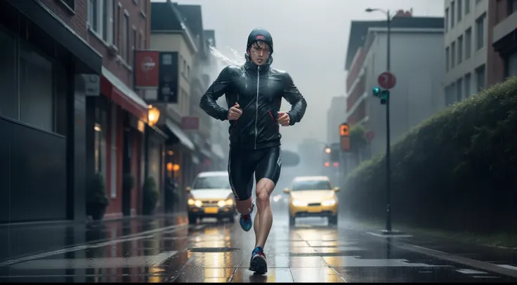 Man running in the rain.