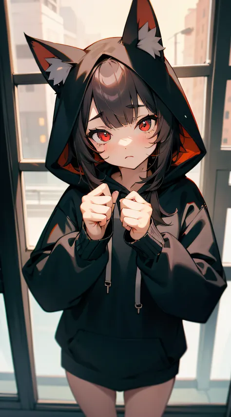 catgirl, 1girl, cat ears, ((cute)), masterpiece, best quality, perfect face, hoodie, hood, looking up, two hands, smal, furr, cozy, warm, window, night, long hoodie, no_pants, 4k, wallpaper, close up, digital art, anime style, beautiful eyes, intimate, det...