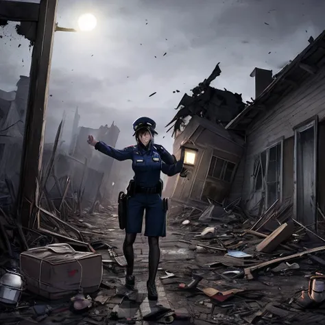 Police woman torn clothes with a lantern abandoned building in the middle of zombie apocalypse dark night