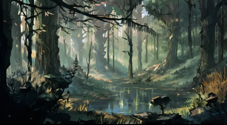 There is a digital painting of a forest with a pond, environment design illustration, environmentart, environment painting, Detailed forest, background artwork, environment and concept art, environment concept art, environment design, Relaxing concept art,...