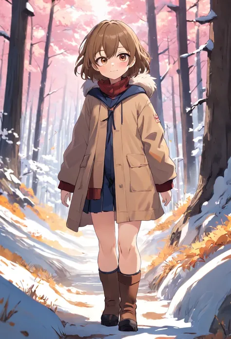 1woman, solo, teen girl, big chest, standing, head tilt, paint on cheek, large thighs, boots, fringe, using glasses, winter clothes, very small boy light brown hair, very covered clothes, very small boy hair, brown eyes, outdoors, in sakura forest, smile, ...