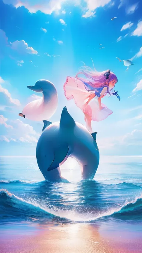 GIRL，(((1Girl and dolphins)))，(Inside the clouds)，((((Fly to the sea))))，in pink，blue colors，cyan colors，