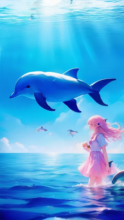 GIRL，(((1Girl and dolphins)))，(Inside the clouds)，((((Fly to the sea))))，in pink，blue colors，cyan colors，