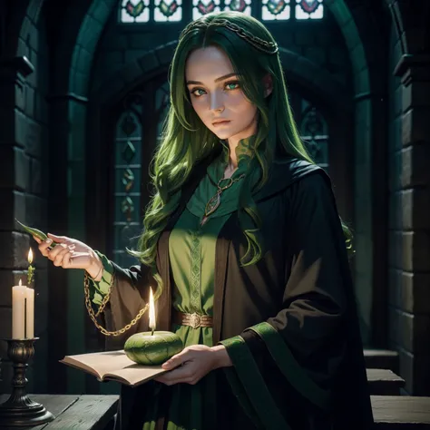 28 Jahre,a beautiful young woman, lange schwarze geflochtene Haare, hogwarts haus Slytherin, long green handling, green snake chain around the neck, Hogwarts im Hintergrund, holds green fire in his hand, Hand burns green,