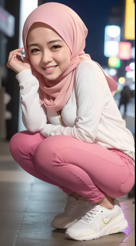 mira filzah squat and laughing, squatting, open both leg, wearing pastel pink jeans and blouse in nighttime city, (mira filzah:1.3), wearing hijab, pastel color hijab, pink , small tits, small breast, flat chest, bright lighting,