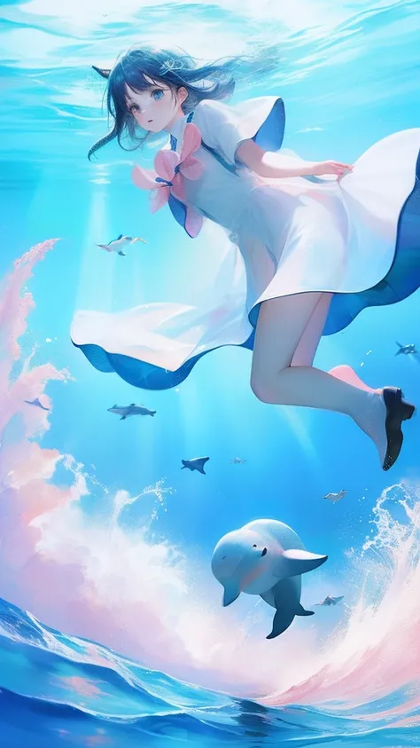 GIRL，(((1Girl and dolphins)))，(Inside the clouds)，((((Fly to the sea))))，in pink，blue colors，cyan colors，