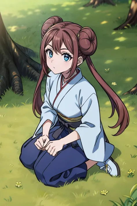 ro1, hair bun, twintails, long hair, blue eyes:1.5, hanfu, tang style, full body, sitting on ground, perfect eyes:1.2, detailed eyes:1.4, masterpiece, best quality,