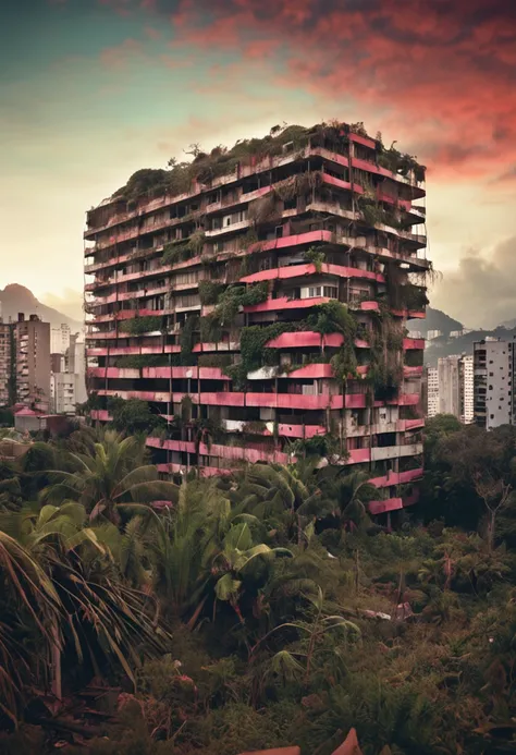 "post-apocalyptic condominium in Rio de Janeiro, ruins, atmosfera sombria, red skies, plantas invadindo, natureza selvagem, personagens sobreviventes, tribalismo, Struggle for survival"