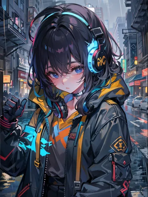 masterpiece, girl alone, solo, incredibly absurd, hoodie, headphones, street, outdoor, rain, neon,