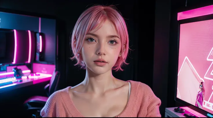 photo of a woman standing in a gaming room , cute girl , confident look, with short pink hair, jovana rikalo, full subject shown in photo, professional image , medium portrait, wide portrait, young business woman, color portrait, with pink hair, high quali...