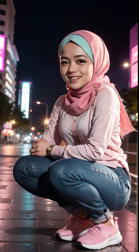 mira filzah squat and laughing, squatting, open both leg, wearing pastel pink jeans and blouse in nighttime city, (mira filzah:1.3), wearing hijab, pastel color hijab, pink , small tits, small breast, flat chest, bright lighting,