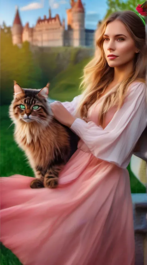 Young woman with blue eyes, brunette and long hair, dressed in a long red dress wearing in her arms a large black Mackerel tabby cat from the Norwegian forests, with a hairy ear like a lynx, with green-eyed. In front of the castle of Hogwarts at sunset sof...