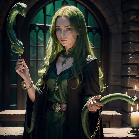 28 Jahre,a beautiful young woman, (lange schwarze geflochtene Haare), hogwarts haus Slytherin, long green handling, green snake chain around the neck, Hogwarts im Hintergrund, holds green fire in his hand, Hand burns green,