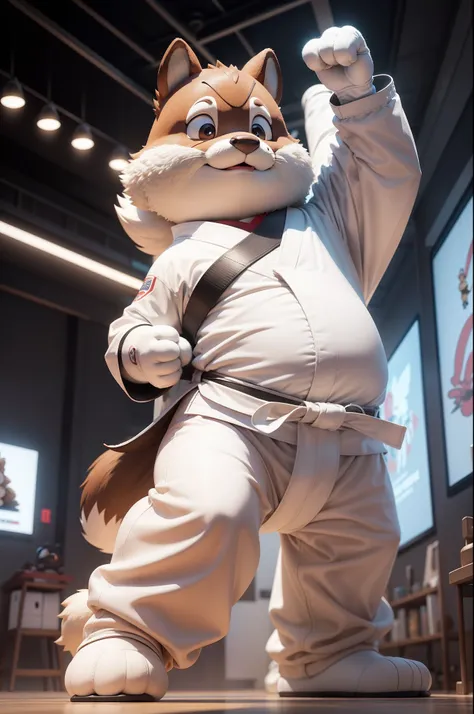 Realistic full-length image of the costume of the karate-beaver mascot in a white kimono with a black belt, Disney-style "Zootopia", Araffe, dressed in karate gear, standing on a gray surface, Anthropomorphic beaver, 3d model of a japanese mascot, , Karate...