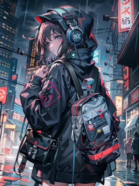 masterpiece, anime girl alone, incredibly absurd, hoodie, headphones, street, outdoor, rain, neon, cyberpunk city, neon lights.