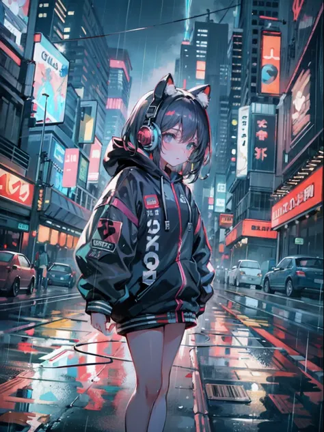 masterpiece, anime girl alone, incredibly absurd, hoodie, headphones, street, outdoor, rain, neon, cyberpunk city, neon lights.