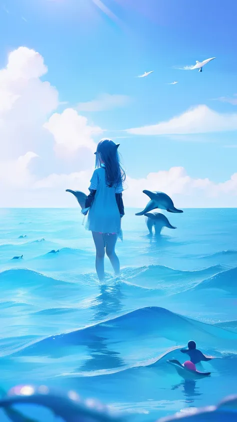 stickfigure，(((GIRL)))，(((1Girl and dolphins)))，(Inside the clouds)，((((Fly to the sea))))，in pink，blue colors，cyan colors，