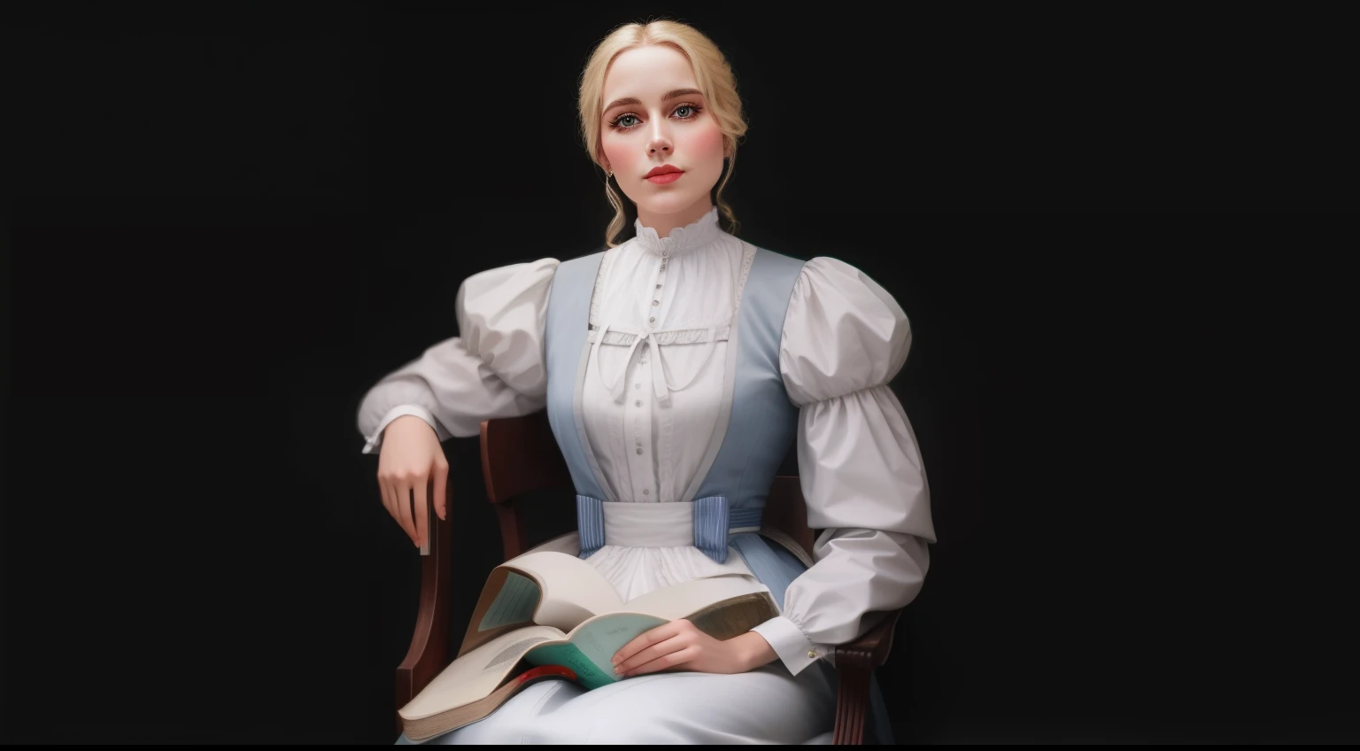 Theres a blonde woman sitting in a chair with a cane, inspired by Maria Johanna Görtz, inspirado em Elizabeth Forbes, retrato feminino vitoriano, colorido, inspirado em Mary Elizabeth Price, colorido, Anna Kovalevskaya, uma foto colorida, inspirado em Ada ...