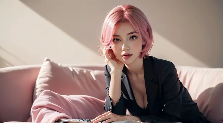 photo of a woman on a laptop , cute girl , confident look at the viewer , with short pink hair, jovana rikalo, full subject shown in photo, professional image , medium portrait, wide portrait, young business woman, color portrait, with pink hair, high qual...