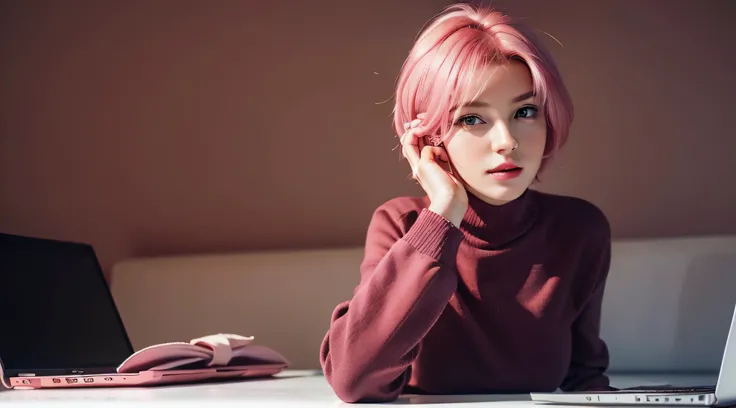 photo of a woman on a laptop , cute girl , confident look at the viewer , with short pink hair, jovana rikalo, full subject shown in photo, professional image , medium portrait, wide portrait, young business woman, color portrait, with pink hair, high qual...