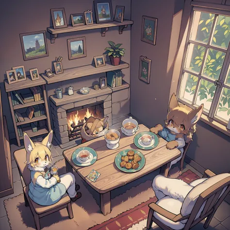 Anime Character Little Cute Fox Girl , big room, Lonely day, Fantasy Treehouse, Filled with attributed rooms, Ghibli Studio style, Complex golden fur, Beautiful and big eyes, Warm room with back view of anime characters, Sitting in front of a warm fireplac...